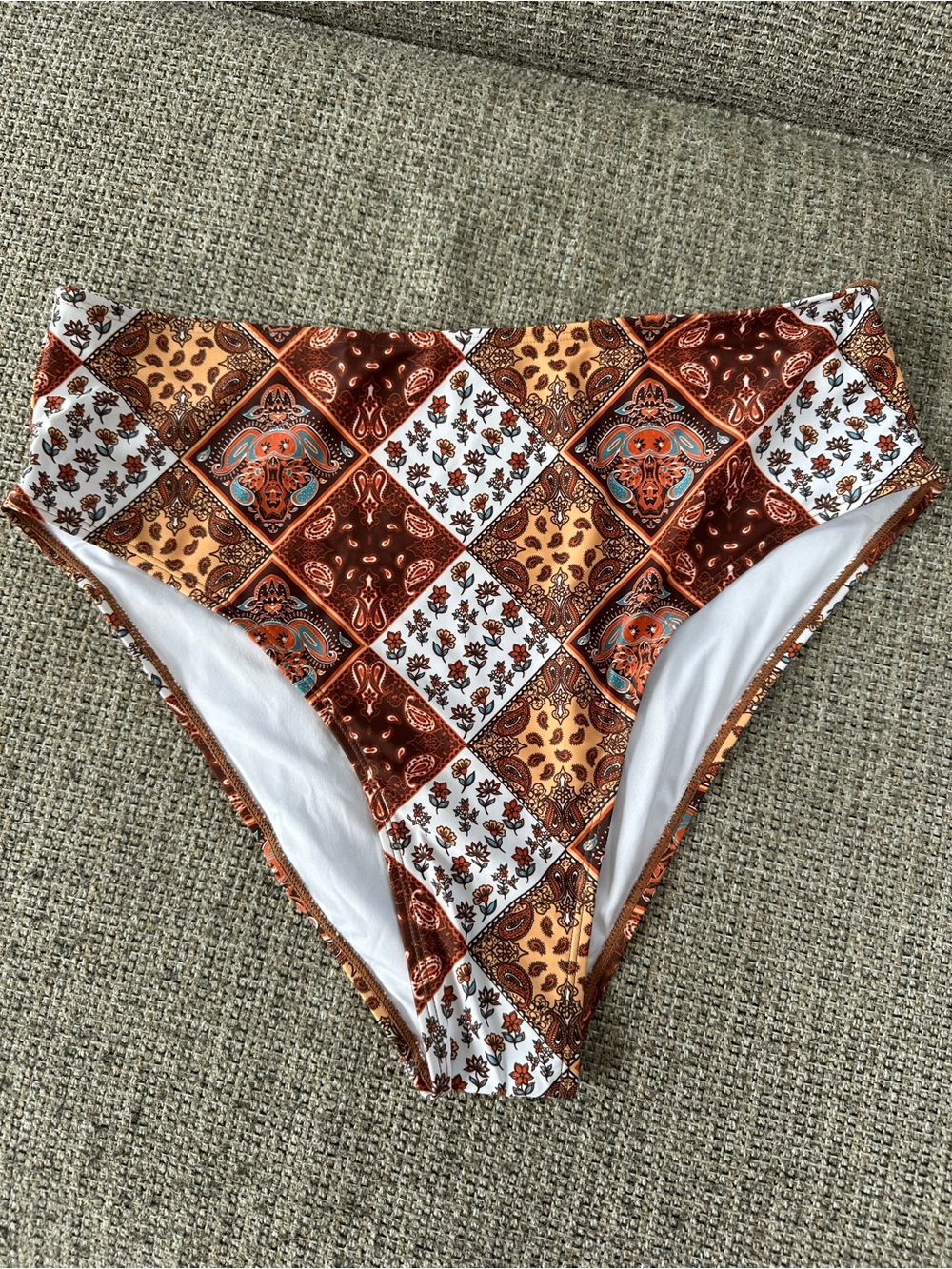 Zaful Brown and White Paisley Tile High-Waist Swim Bottom